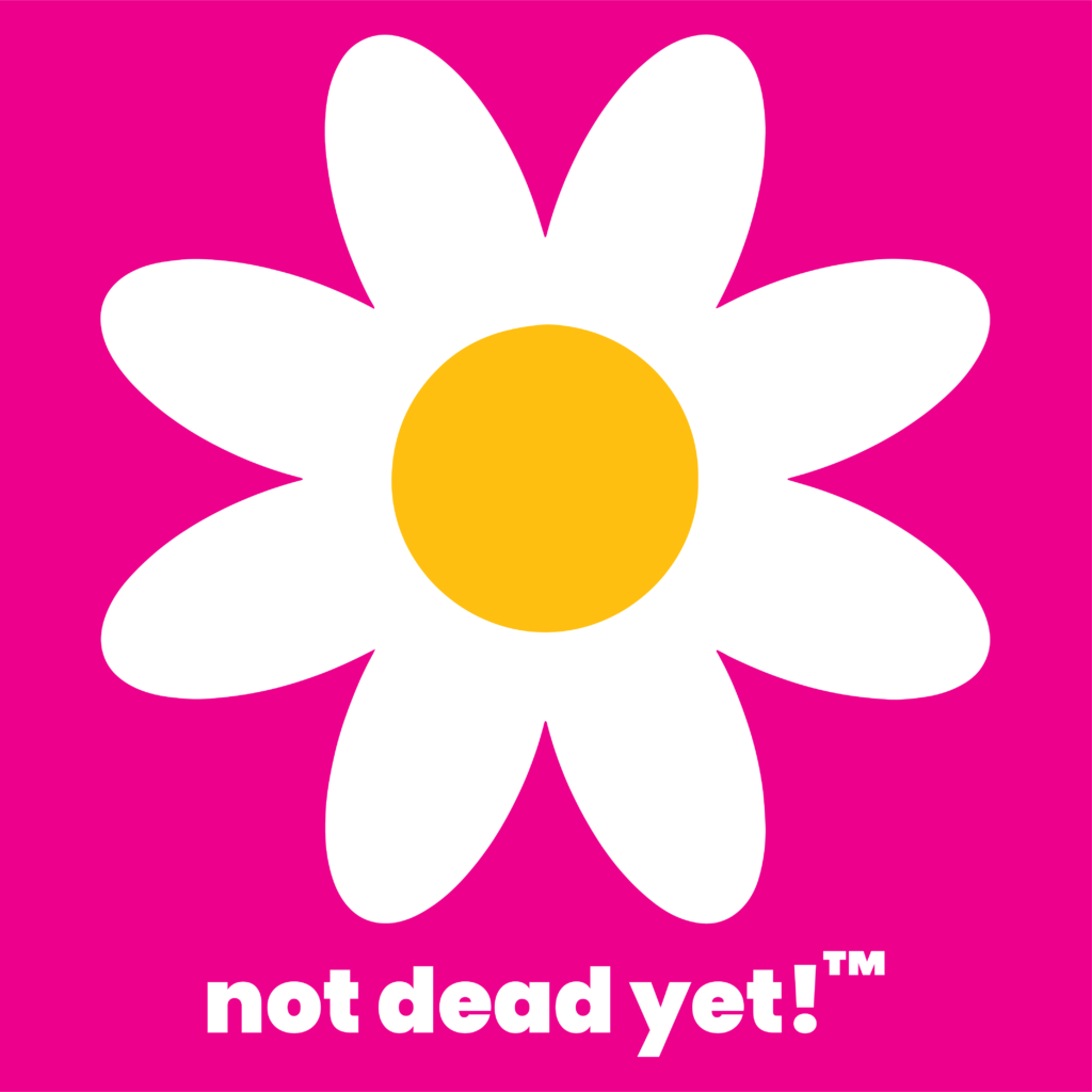 illustration-white-daisy-yellow-center-on-pink-background-caption-not-dead-yet